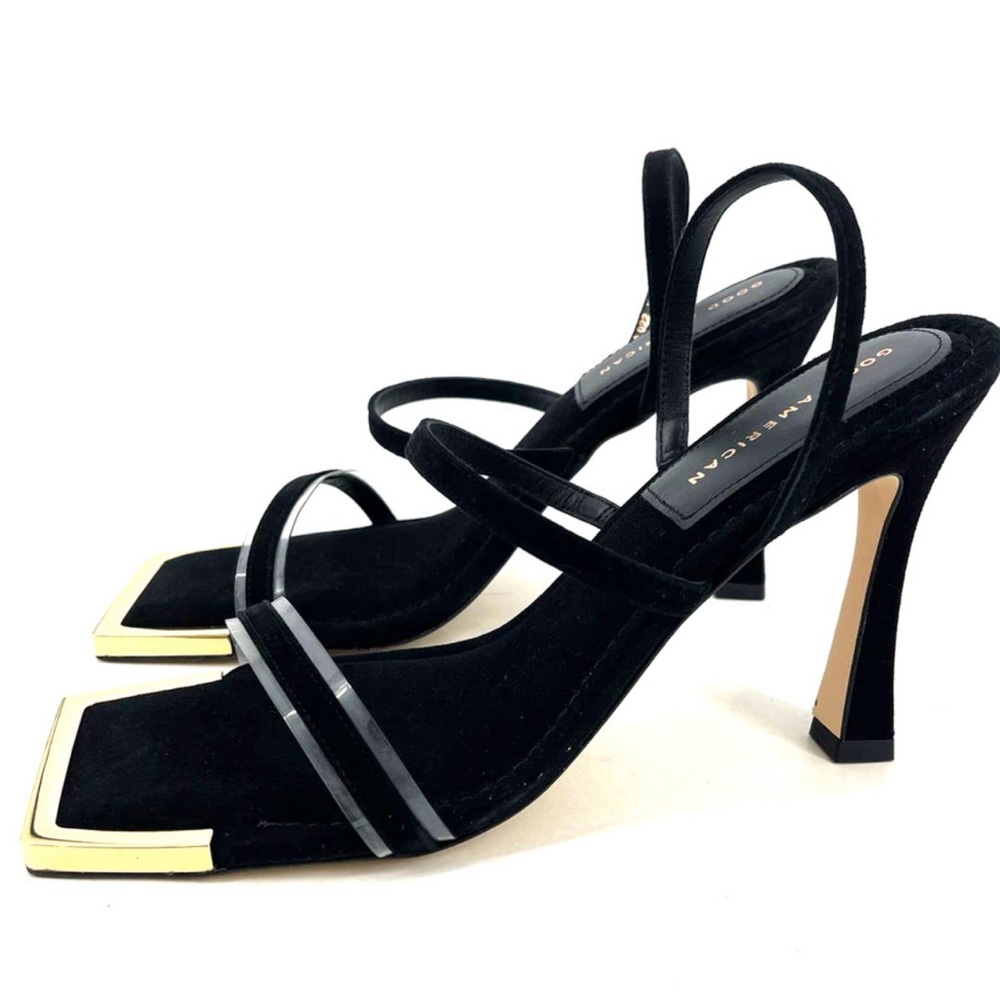 Good American Black Gold Accent Strappy Heels